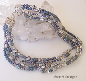 Schaef Designs Kyanite pearl & sterling silver multi strand designer necklace | New Mexico