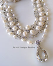 White pearls clear crystal quartz & sterling silver David Yurman style figaro chain 5 strand designer bib necklace with white druzy & opal cross pendant | New Mexico