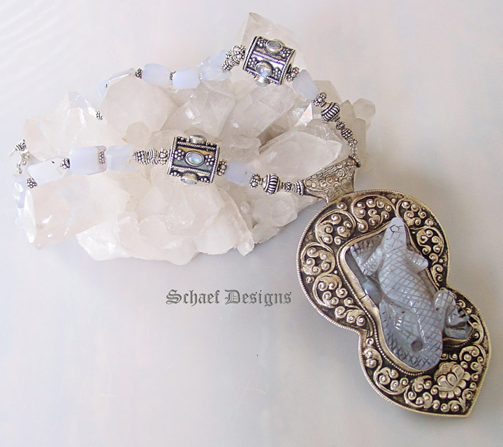 Lizard Totem Necklace | Chalcedony Nugget and Silver Necklace with Carved Chalcedony Lizard Tibetan Pendant