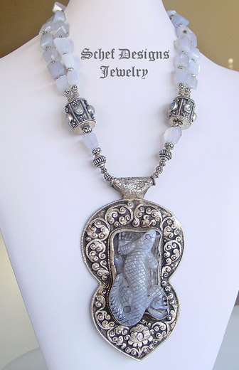 Carved Tibetan chalcedony lizard & sterling silver pendant on chalcedony Necklace by Schaef Designs | New Mexico
