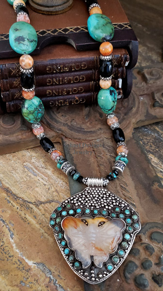  Schaef Designs Totem Jewelry Tibetan Butterfly Penant on Turquoise, Black Onyx, Crab Fire Agate, & Sterling Silver Necklace | Arizona