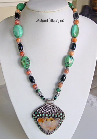  Butterfly Totem Necklace | Turquoise, Black Onyx, Crab Fire Agate & Sterling Silver Necklace with Tibetan Butterfly Pendant | Schaef Designs Jewelry