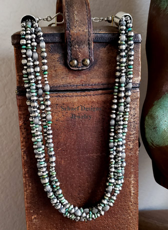  Schaef Designs 5 strand hubei green turquoise & oxidized Navajo pearl & bench bead Southwestern necklace | Arizona