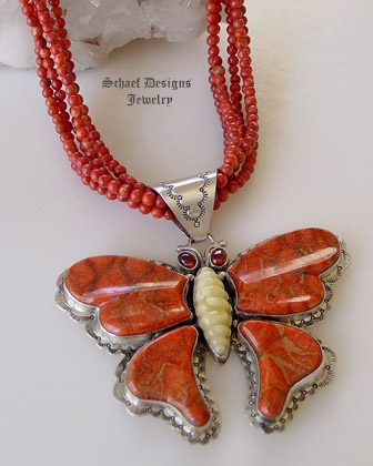 David Troutman apple coral & garnet butterfly Pendant on Schaef Designs Jewelry apple coral 5-strand necklace | David Troutman Jewelry | upscale online southwestern native american equine & gemstone jewelry gallery boutique| Schaef Designs artisan handcrafted Jewelry | San Diego CA 