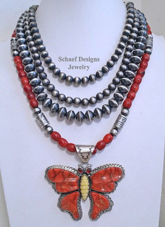 David Troutman apple coral & garnet butterfly Pendant on Schaef Designs Jewelry apple coral 5-strand necklace | David Troutman Jewelry | upscale online southwestern native american equine & gemstone jewelry gallery boutique| Schaef Designs artisan handcrafted Jewelry | San Diego CA 