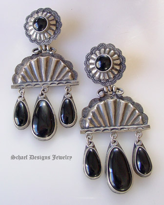David Troutman Old Style Texas Big Black Obsidian Concho Chandelier Post Earrings| upscale online turquoise & equine jewelry boutique gallery | Schaef Designs Turquoise Southwestern Jewelry |  San Diego CA