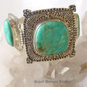 David Troutman Large blue turquoise stamped silver bracelet | online jewelry boutique | Schaef Designs Southwestern Turquoise Jewelry | San Diego CA 