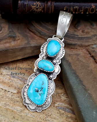  B Johnson Blue Turquoise & Stamped Sterling Silver 3 Stone Pendant | Schaef Designs | Arizona 