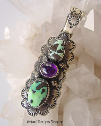 Carico Lake Blue Green Turquoise & Amethyst on stamped sterling silver pendant | Native Amercian artist signed Online Upscale Turquoise Jewelry boutique gallery | Schaef Designs Turquoise  Jewelry | San Diego CA