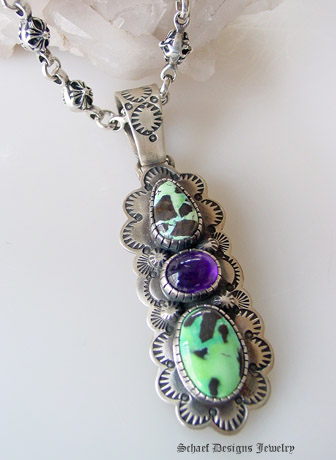 Carico Lake Blue Green Turquoise & Amethyst on stamped sterling silver pendant | Native Amercian artist signed Online Upscale Turquoise Jewelry boutique gallery | Schaef Designs Turquoise  Jewelry | San Diego CA