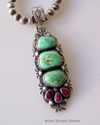 Green Carico Lake Turquoise & purple spiny oyster shell on stamped sterling silver pendant | Native Amercian artist signed Online Upscale Turquoise Jewelry boutique | Schaef Designs Turquoise  Jewelry | San Diego CA