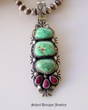 Green Carico Lake Turquoise & purple spiny oyster shell on stamped sterling silver pendant | Native Amercian artist signed Online Upscale Turquoise Jewelry boutique | Schaef Designs Turquoise  Jewelry | San Diego CA