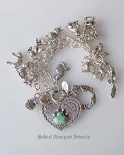 Schaef Designs Turquoise Cat Paw Print Heart Cat Fancy sterling silver charm bracelet |  pet lovers jewelry | upscale collectible Southwestern, Native American, Equine, & turquoise jewelry gallery | Schaef Designs artisan handcrafted, southwestern & turquoise Jewelry | San Diego CA 