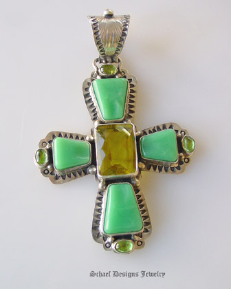 David Troutman Jewelry Chrysoprase & Lemon Citrine Cross Pendant | upscale online southwestern native american equine & gemstone jewelry gallery boutique| Schaef Designs artisan handcrafted Jewelry | San Diego CA