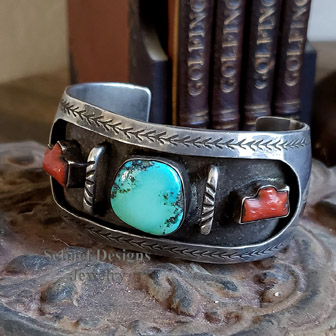 Old Pawn Native American turquoise, coral & sterling silver shadowbox style cuff bracelet | Arizona 