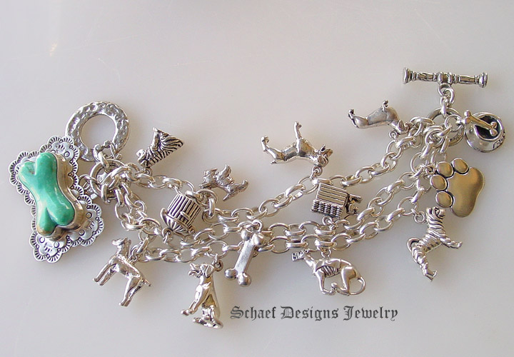 Schaef Designs Turquoise Dog Bone Westminster Dog Show sterling silver charm bracelet |  pet lovers jewelry | upscale collectible Southwestern, Native American, Equine, & turquoise jewelry gallery | Exclusive Bobby Schaefer Designs Copywritten all rights reserved | New Mexico 