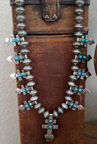 Old Indian Coin Dragonfly Sleeping Beauty Turquoise & Sterling Silver Dime Squash Blossom Necklace | Schaef Designs | Arizona 