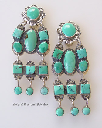 Beautiful turquoise loaded with matrix chandelier concho clip earrings by Federico Jimenez | upscale online native american southwestern equine turquoise jewelry gallery | Schaef Designs Jewelry | San Diego, CA