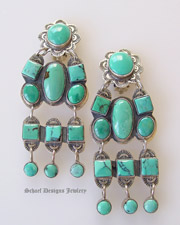 Beautiful turquoise loaded with matrix chandelier concho clip earrings by Federico Jimenez | upscale online native american southwestern equine turquoise jewelry gallery | Schaef Designs Jewelry | San Diego, CA  