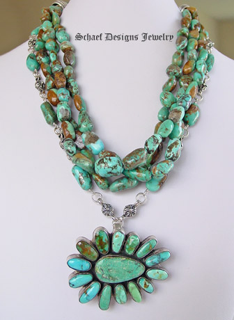 Federico signed turquoise large cluster pendant pin on Schaef Designs Royston Turquoise Nugget 3 strand necklace and sterling silver rosette and turquoise nugget layering necklace  | Schaef Designs Jewelry | San Diego CA 
