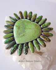 Federico signed turquoise large cluster pendant pin on Schaef Designs Royston Turquoise Nugget 3 strand necklace and sterling silver rosette and turquoise nugget layering necklace  | Schaef Designs Jewelry | San Diego CA