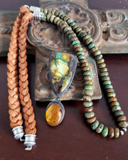 Schaef Designs Green Hubei Turquoise Black Silver Leather Necklace SET | Arizona