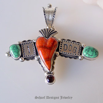 I Heart Dog spiderweb apple coral garnet and sterling silver Americana pin pendant | David Troutman Jewelry | online pet jewelry boutique | Schaef Designs Jewelry| San Diego CA 