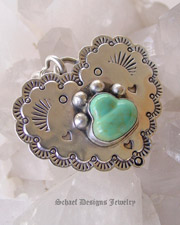 Turquoise Paw Print Silver Heart Dog Tag | Schaef Designs In Dog We Trust Collection | by David Troutman | Dog Jewelry | online pet jewelry boutique | Schaef Designs Southwestern Jewelry | San Diego, CA  