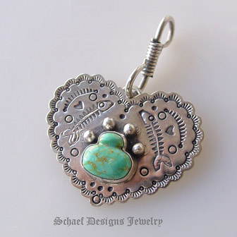 Southwestern Turquoise Pet JewelryTurquoise paw print on sterling Silver Heart Stamped with Fish bones Cat Tag | Cat Jewelry | online pet jewelry boutique | Schaef Designs Southwestern Pet Jewelry | San Diego, CA 