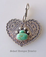 Schaef Designs Pet Jewelry | Hand-stamped sterling silver heart and turquoise paw print tag pendant for pets and people | upscale online southwestern, native american, equine, & gemstone jewelry gallery boutique| Schaef Designs artisan handcrafted pet lovers Jewelry | San Diego CA 