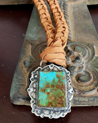  | Schaef Designs Ceremonial Kingman Square Turquoise & Stamped Sterling Silver Pendant & Necklace Set  | Arizona 