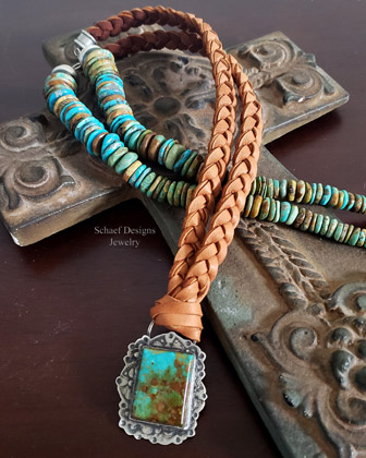  | Schaef Designs Ceremonial Kingman Square Turquoise & Stamped Sterling Silver 
Pendant & Necklace  | Arizona 