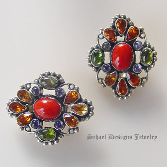 Feeney Mediterranean coral peridot iolite citrine gemstone clip earrings | upscale online southwestern,  turquoise, native american & equine jewelry boutique gallery | Schaef Designs artisan handcrafted Jewelry |  San Diego CA 