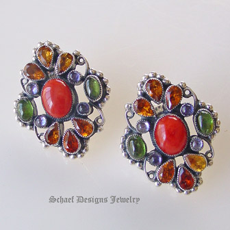 Feeney Mediterranean coral peridot iolite citrine gemstone clip earrings | upscale online southwestern,  turquoise, native american & equine jewelry boutique gallery | Schaef Designs artisan handcrafted Jewelry |  San Diego CA 