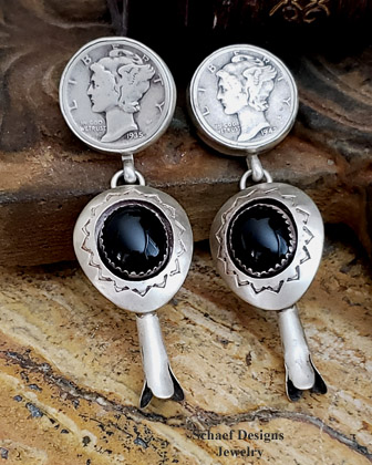 Schaef Designs Mercury dime Black onyx squash blossom post earrings | Arizona 