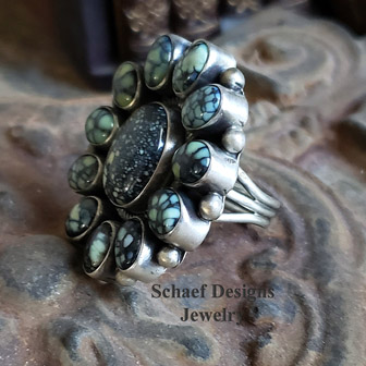  New Lander Turquoise & sterling silver cluster ring artist signed Bea Tom | Schaef Designs | Arizona
