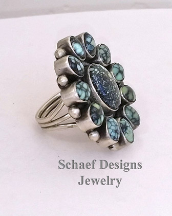  Native American artist signed Bea Tom New Lander Turquoise & Sterling silver cluster ring | Schaef Designs Southwestern, Native American, & turquoise collectible Jewelry | New Mexico 