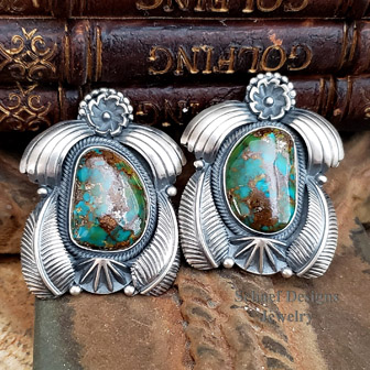 Royston Turquoise Sterling Silver Leaf Flower Native American Unsigned post earrings | Schaef Designs turquoise jewelry | Arizona