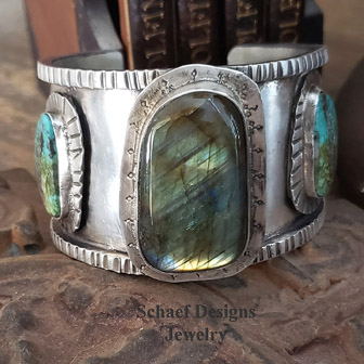 Schaef Designs labradorite, turquoise & sterling silver heavy cuff bracelet | New Mexico 