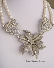Vintage antique large rhinestone flower brooch & re-purposed earrings & pearl  necklace | Vintage Jewelry online gallery & boutique | Schaef Designs artisan Handcrafted Gemstone & Vintage rhinestone Jewelry | San Diego, CA 