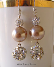 Vintage Champagne pearl & vintage rhinestone ball earrings  | Online upscale artisan handcrafted jewelry boutique | Schaef Designs Vintage Brooch Jewelry | San Diego, CA 