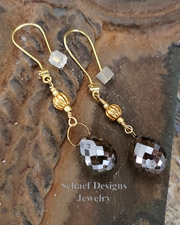 Schaef Designs 17.5cts chocolate brown diamond briolette and 22kt solid gold dangle earrings | New Mexico 