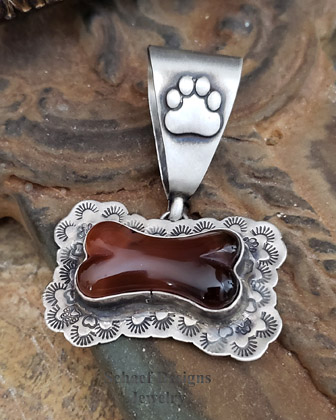 Schaef Designs Agate & hand stamped sterling silver dog bone dog tag pendant | Exclusive Bobby Schaefer Designs Copywritten all rights reserved | New Mexico 