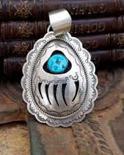 Huge Sterling Silver 3d & turquoise cut out bear paw pendant | Schaef Designs southwestern turquoise jewelry | Arizona 