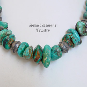Schaef Designs Blue Green Kingman Turquoise Nuggets & Sterling Silver Stamped Bench Bead Necklace  | Schaef Designs | New Mexico 