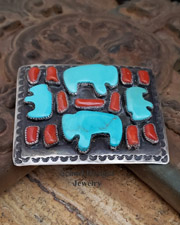 C Chamas artist signed Turquoise buffalo bison and red coral on sterling silver large unisex belt buckle | Schaef Designs | Arizona 