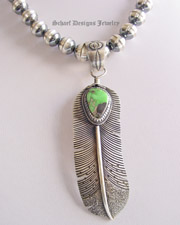 Green Carico Lake & sterling silver native american artist signed feather pendant | Schaef Designs artisan handcrafted Southwestern, Native American & Equine Jewelry | Online upscale southwestern equine jewelry boutique gallery |New Mexico