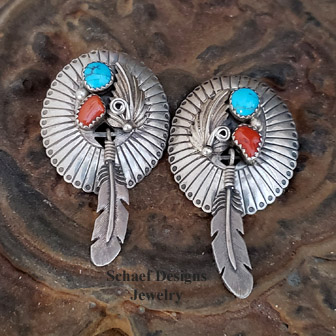 Vintage Pawn Turquoise Coral & Sterling Silver Concho Feather POST Earrings | Arizona  