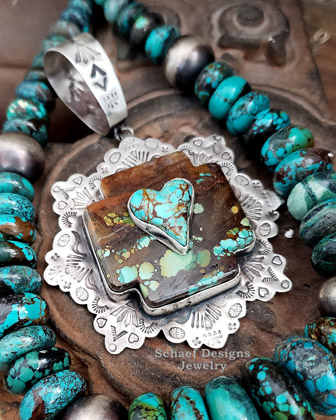  Schaef Designs Hubei Turquoise Square Cross Stacked Heart & Sterling Silver Southwestern Pendant| Arizona