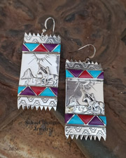 Artist signed Native American Zuni sugilite, turquoise, coral & sterling silver indian rug earrings | Schaef Designs  | Arizona 